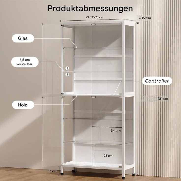Glasvitrine 75x35x181 cm, 6-stöckige Vitrine mit LED-Beleuchtung, verstellbaren Glasböden und Sensor, Weiß – Bild 4
