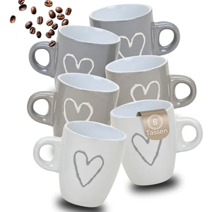 matches21 HOME & HOBBY Tasse Espresso-Tassen Herz-Dekor 6er Set dickwandige Keramik, 50 ml, 6-tlg, Keramik, Kleine Landhaus-Stil Vintage Henkel Herz Kaffee-Tassen