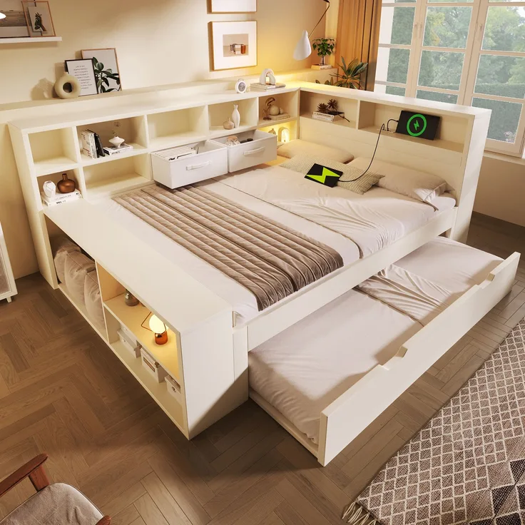 TavilaEcon Stauraumbett Holzbett mit Ausziehbett, 8 Staufächern & USB-/Type-C-Ladeanschlüssen weiß Liegefläche 140 × 200 cm