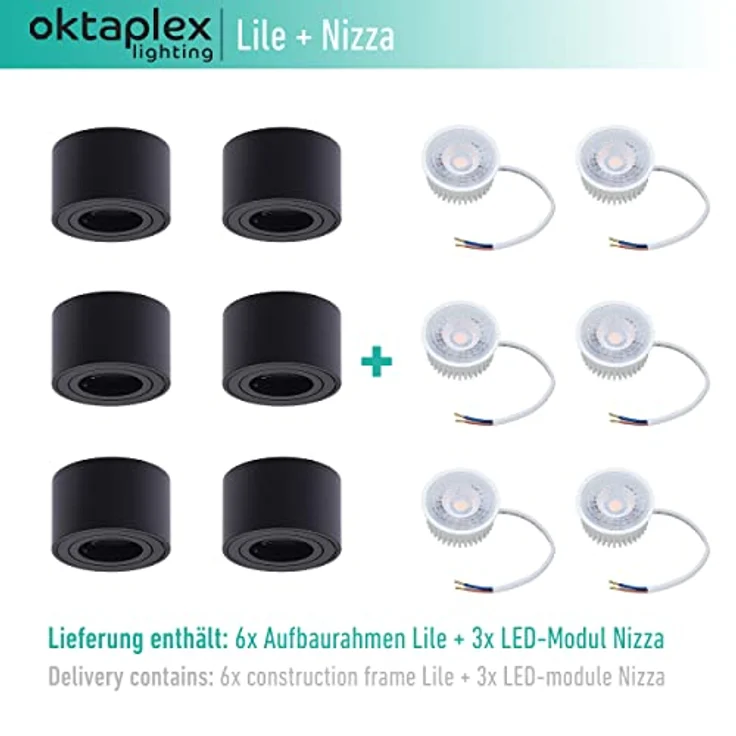 Oktaplex Lile Aufbauspot Set, 6 Stück, dimmbar, 4,8W, 2700K warmweiß, schwenkbar, schwarz, Aluminium – Bild 2