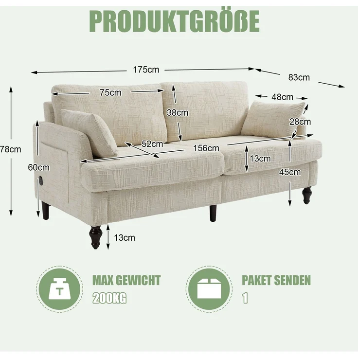 2-sitziges Chenille-Sofa mit USB-Ladeanschluss, LED-Licht und Aufbewahrungstasche in Beige – Bild 10