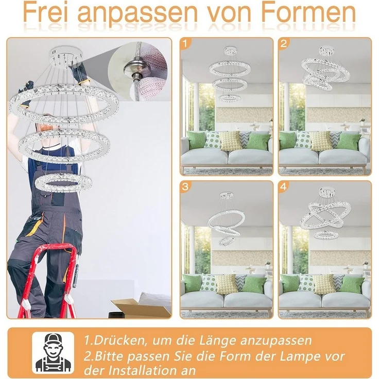 FIVMEN LED Deckenleuchte Pendelleuchten 48W/72W/96W Hängelampe Kronleuchter Dimmbar, LED fest integriert, Kristall Hängeleuchte 2 Ringe/3 Ringe – Bild 3