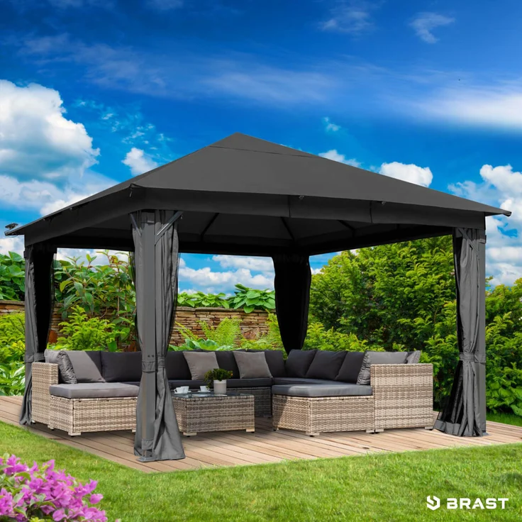 BRAST 'Infinity' Pavillon inkl. Moskitonetz und LED-Beleuchtung, wasserdicht, stabil, UV-Schutz, Aluminium, Grau, 4x4 m, mit Beleuchtung – Bild 1