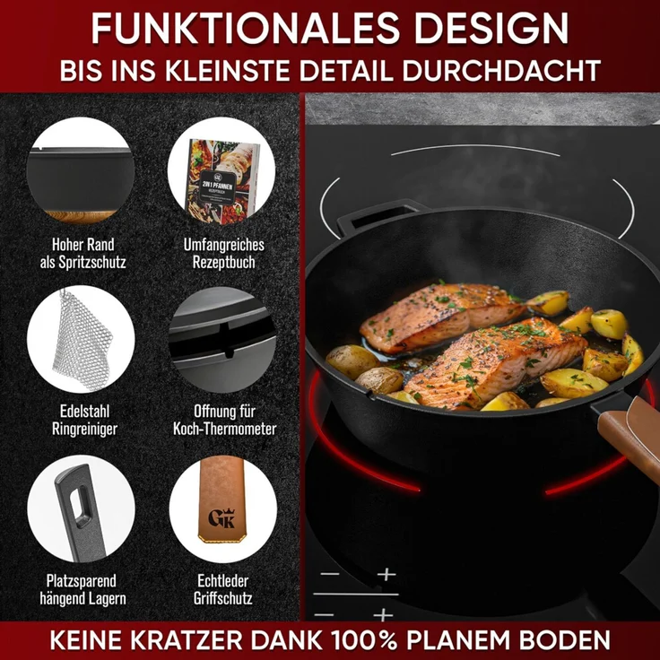 2in1 Casserole 3,6 l aus Gusseisen – Topf & Pfanne in einem, mit Ledergriff & Ringreiniger, eingebrannt, für Induktion, Grill & Backofen – Bild 4