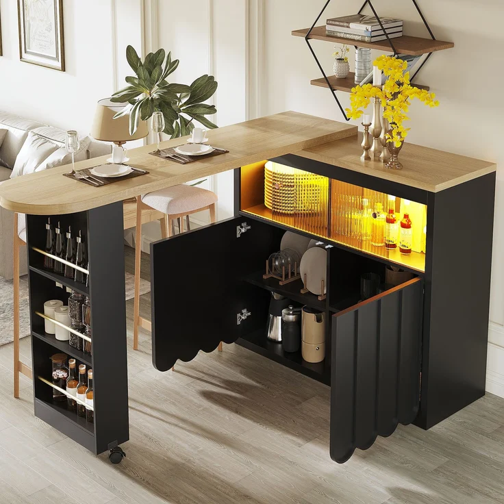 Merax Ausziehbarer Bartisch mit Stauraum(135-205×39×100cm) , Moderner Beweglicher Bar Table, Teleskopischer Bartisch mit LED, Stehtisch Bistrotisch, Schwarz – Bild 1