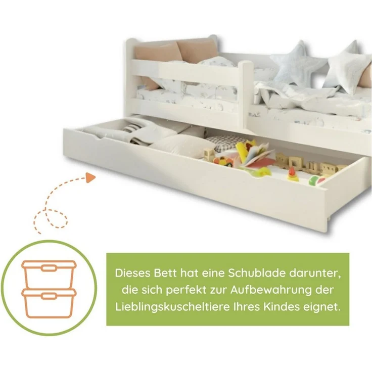 Kids Collective Kinderbett Kinder Jugendbett 80x160 und 90x200 cm Mit Schublade & Rausfallschutz, 90×200 cm, stabiles Kiefernholz, Weiß – Bild 3