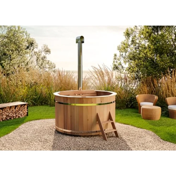 Finntherm Holz Badefass Bergen, Hot Tub Ø 160 x 101 cm, Edelstahl-Ofen 22 kW, für 3-4 Personen, inklusive Einstiegsleiter und schnell aufstellbarem Bausatz – Bild 1
