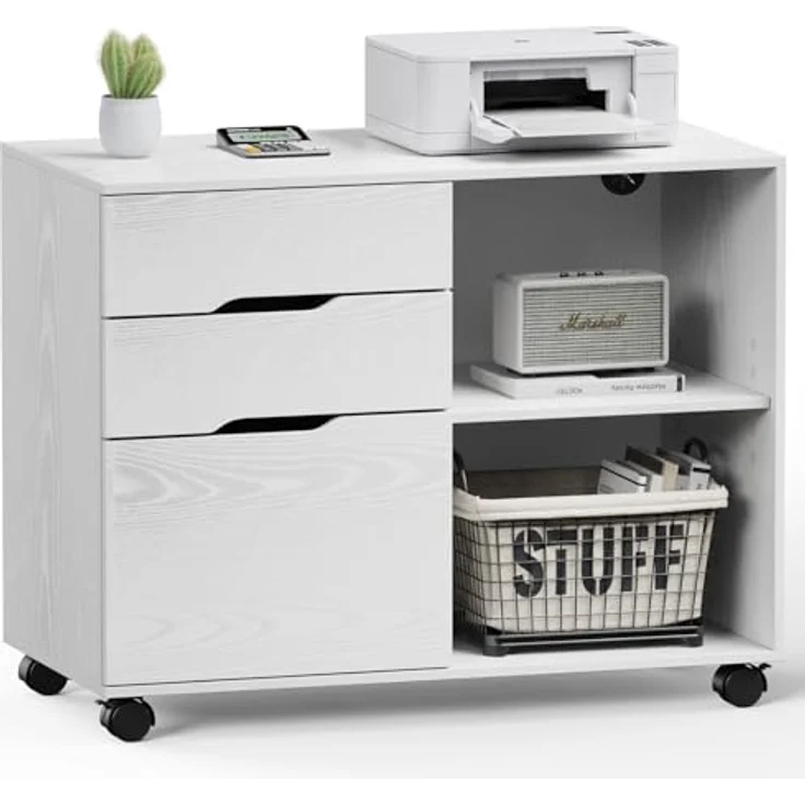 Sweetcrispy Rollcontainer mit 3 Schubladen,Aktenschrank und Druckerschrank mit Rollen,offene Ablage,höhenverstellbarer Einlegeboden,Hängeregistratur A4/Letter/Legal,80 x 40 x 62 cm,Weiß,für Büro Zuhause – Bild 2