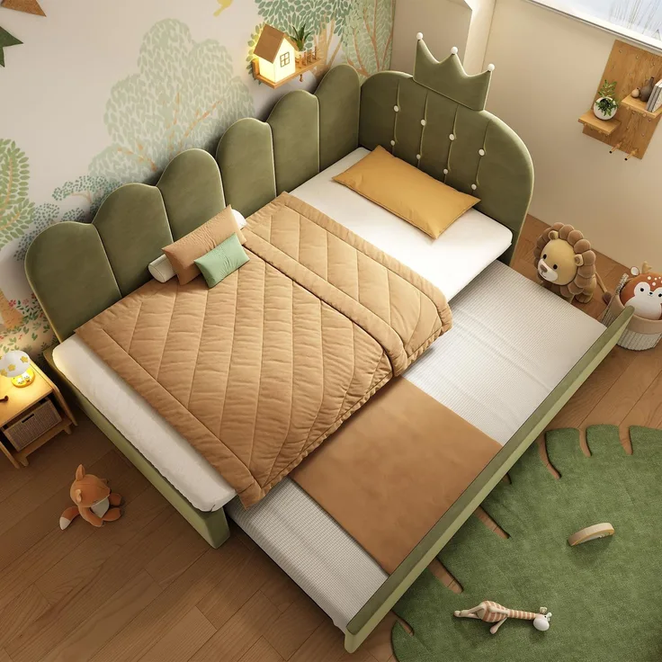 FAVSH Sofabett/Einzelbett 90x200 cm, L-Form, Samt, Krone Gitter Design, Niedliches Kronen, mit Ausziehbett 90x190cm Daybett mit Lattenrost, Kinderbett Jugendbett Erwachsenenbett, ohne Matratze(Grün)