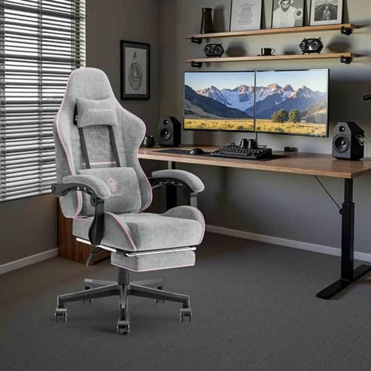 Dowinx Gaming Stuhl Bürostuhl Stoff Tasche Frühling Kissen, Massage Gamer Stuhl Stoff mit Kopfstütze, Ergonomische Bürostuhl mit Fußstütze (Grau und Pink) – Bild 3