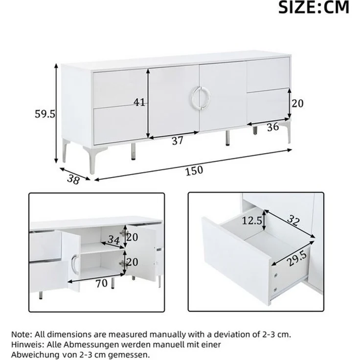 MODFU Sideboard in Hochglanz Weiß mit 4 grifflosen Schubladen (Packung, 1 St, Vielseitig als Esszimmerschrank oder schlichte Kommode nutzbar), 150x59,5x38 cm, stabil auf schlanken Metallstützfüßen – Bild 4