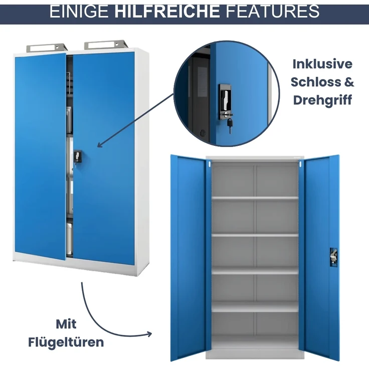 Aktenschrank abschließbar KADO - 5 Ebenen verstellbar, Flügeltüren | Metallschrank Werkstatt Mehrzweckschrank Büroschrank aus Stahl Werkzeugschrank, 185x115x40cm Grau-Blau – Bild 5