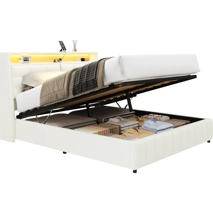 Gepolstertes Plattformbett, LED-Licht USB-Anschluss Stauraum unter dem Bett verstellbare Kopfteilkissen, Polsterstoff, Weiß, 160 x 200 cm – Bild 6