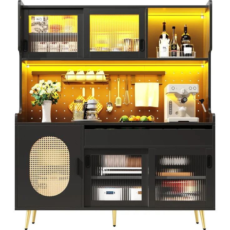 Seitenboard / Aufbewahrungsschrank / Küchenschrank / Buffetschrank, 145x39x171cm, Landhausstil, 5 Türen, mit LED-Lichtleiste & Ordnungslockplatte, Fluted Glas Türen, Braun/Schwarz – Bild 8
