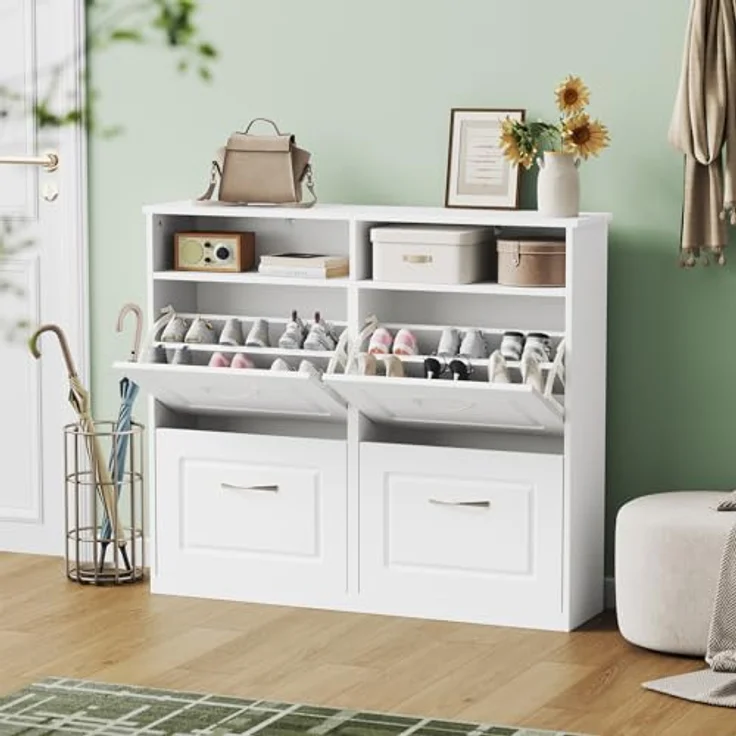 Sweetcrispy Schuhschrank mit 4 Klappen, schmaler Schuhkipper mit offenen Ablagefächern, verstellbare Trennwände, platzsparend für Flur/Diele/Eingang, 104 x 90 x 24 cm, Weiß – Bild 2