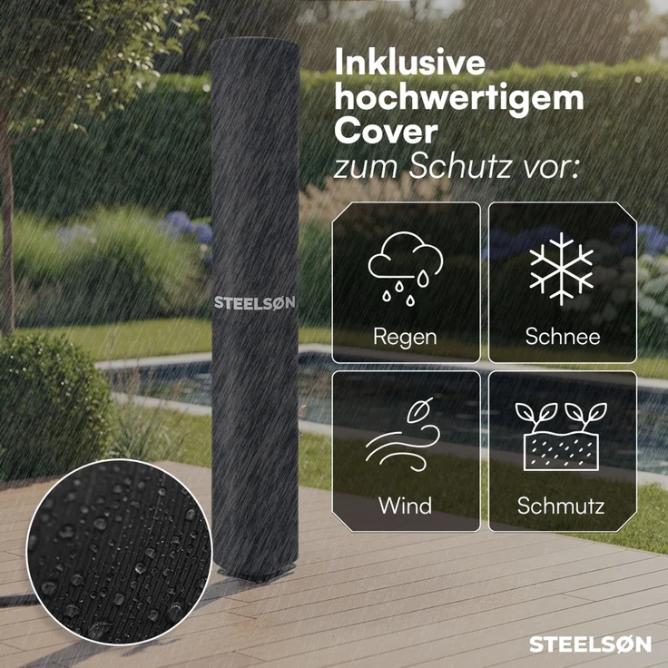 STEELSØN 'Velion' Solardusche 20 Liter, schwarz, warmes Wasser bis 60°C, Gartendusche mit schwankendem Regenduschkopf und Wasserhahn, Outdoor Dusche inkl. Schutzhaube – Bild 6