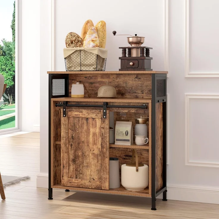 SogesHome Buffets Sideschrank Küchenschrank mit Schiebetür Sideboard mit 3 offenen Fächern für Aufbewahrung für Küchen Wohnzimmer Vintagebraun 70 x 30 x 80 cm – Bild 6