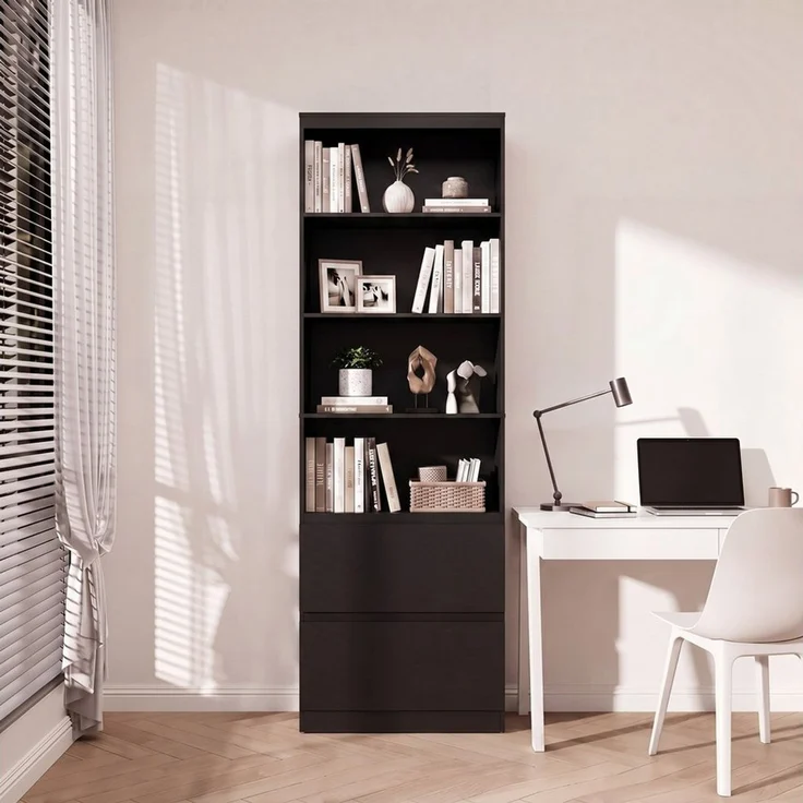 Blishom Bücherregal Schmales Bücherregal mit 4 Ablagen und 2 Schubladen, Offener Aufbewahrungsschrank mit Kippschutz – Bild 3