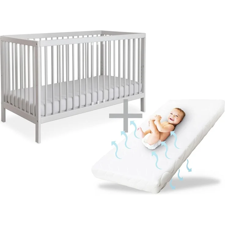 Ehrenkind® Babybett PUR inkl. Matratze 140x70 aus Buchenholz | Hellgrau | Kinderbett 9-Fach höhenverstellbar mit entnehmbaren Stangen | Baby Bett