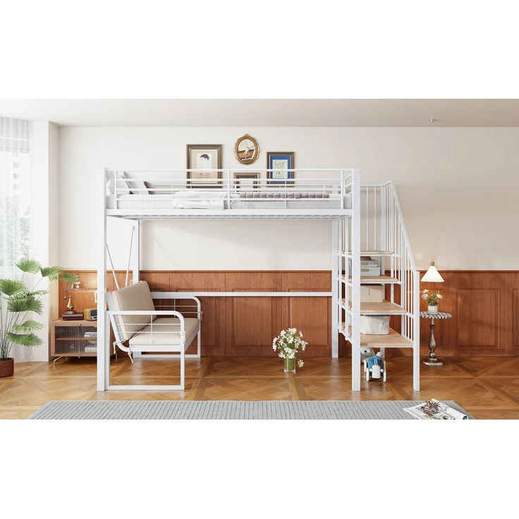 EINHOM Etagenbett (90 x 200 cm ) mit Stabilem Metallrahmen, Hochbett mit Abnehmbarem Polstersofa, Stauraum und Sicherheitstreppe. Geeignet für Kinder, Jugendliche und Erwachsene Weiß (Ohne Matratze) – Bild 5