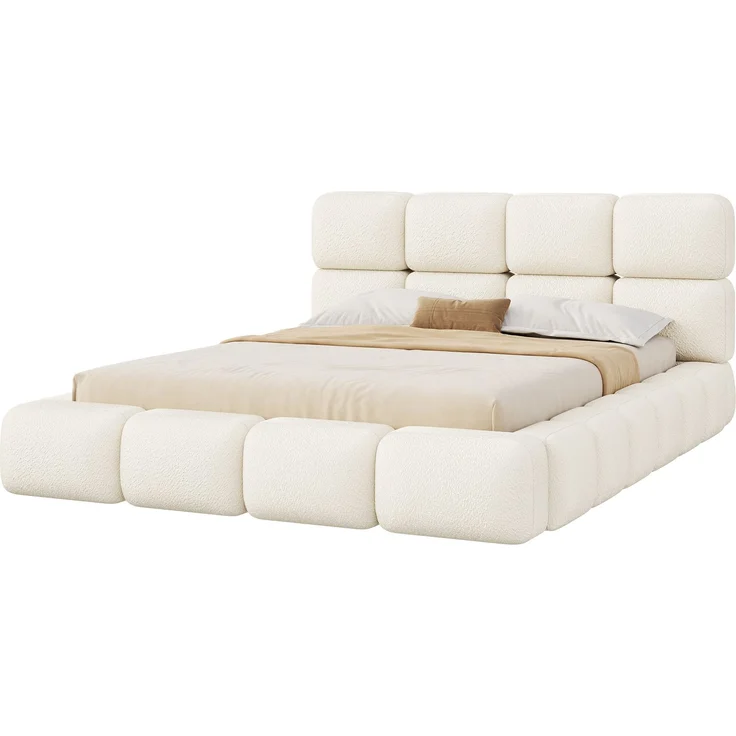 Gepolstertes Doppelbett, 180 x 200 cm, hydraulisch verstellbar, wolkenförmiges Bett, Stauraumbett, Bubble-Design, mit Lattenrost, Kopfteil und großem Stauraum, gepolstertes Kopfteil, weißer Schlingenveloursstoff. – Bild 10