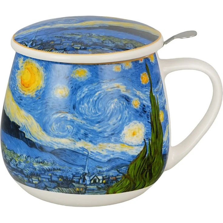 DUO ART GALLERY Fassbecher 430 ml mit Teesieb STARRY NIGHT inspired by Van Gogh, New Bone China Porzellan – Bild 2