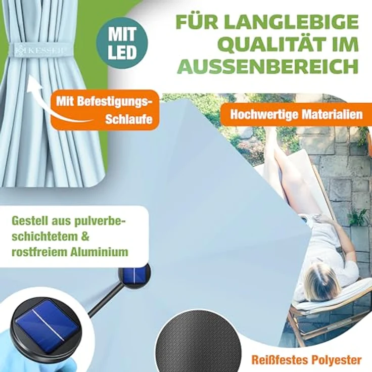 KESSER® Alu Ampelschirm LED Solar + Abdeckung mit Kurbelvorrichtung UV-Schutz Aluminium mit An-/Ausschalter Wasserabweisend - Sonnenschirm Schirm Gartenschirm 350cm, Hellblau – Bild 4
