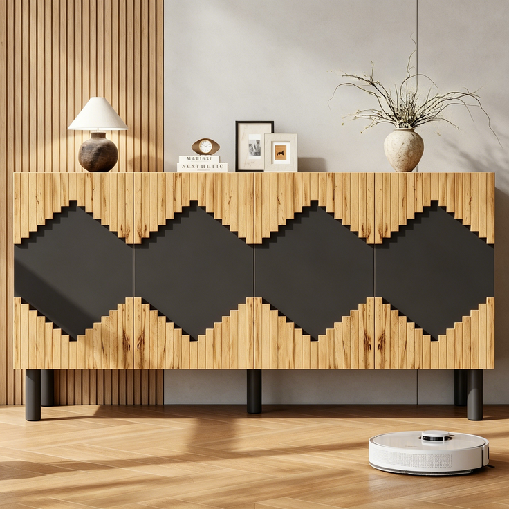 ZUBALIYA Sideboard 140x40x70 cm, mit 2 Türen, aus MDF / Spanplatte, Natur / Schwarz – Bild 18