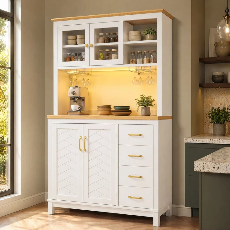 Buffetschrank 105,5x40x180 cm mit LED-Lichtleiste, Schubladen und Türen – aus MDF in Weiß – Bild 1