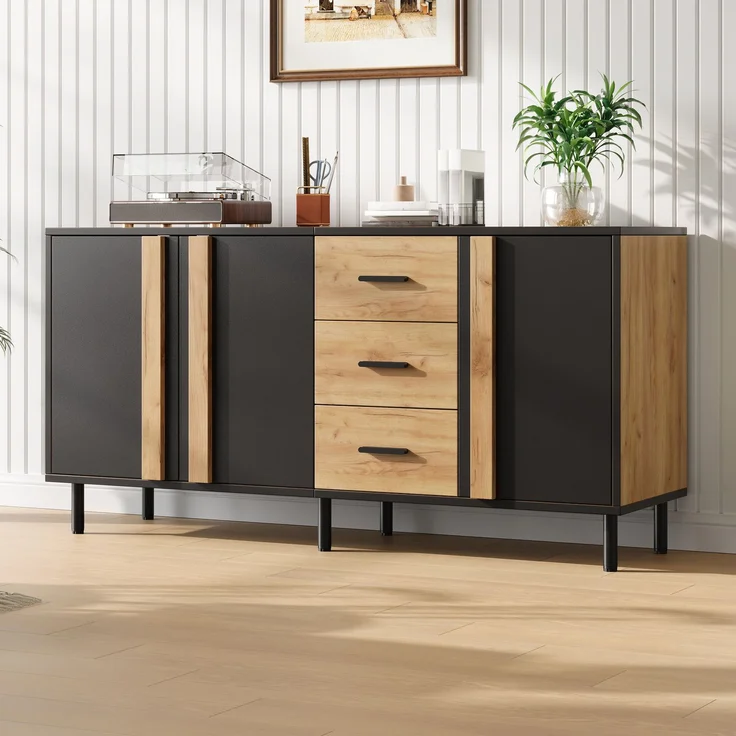 Merax Sideboard 140 x 35 x 70 cm aus MDF, Kommode mit 3 Türen und 3 Schubladen, Beistellschrank, Schrank mit 6 stabilen Metallbeinen, Schwarz + Naturholzfarbe – Bild 2