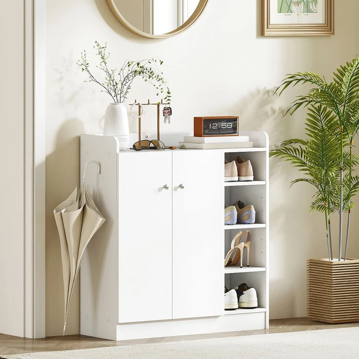 Schuhschrank für den Eingangsbereich für 12 Paar Schuhe – Schuhschrank mit 4 offenen Fächern und Doppeltürenschrank – verstellbares Regal – 83 L x 30 B x 90 H cm – weiß – Bild 10