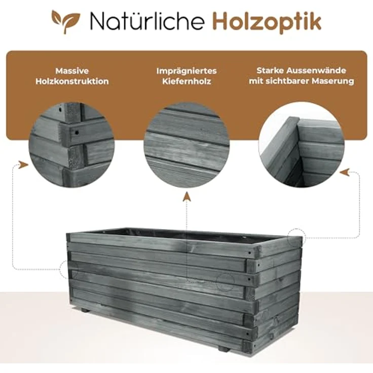 BooGardi Pflanzkübel groß außen & innen mit Vlies · Blumenkasten XXL (Pflanzkasten rechteckig · 90 cm naturbraun), 10 Größen · Hochbeet · Holz · für Garten, Balkon & Terrasse – Bild 6
