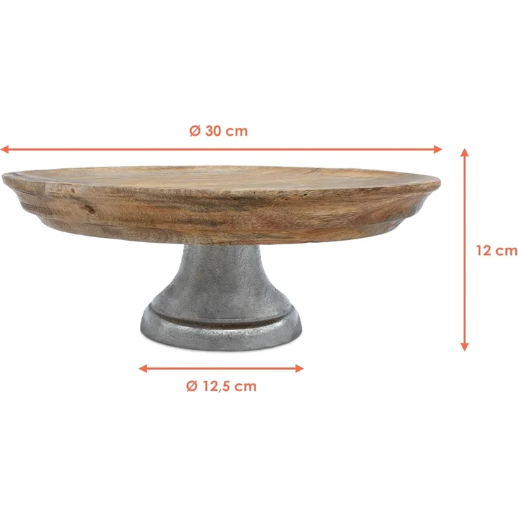 Spetebo Servierteller Mango Deko Teller mit Fuß aus Aluminium - Ø 30 cm, Holz, (Dekorativer Teller, 1-tlg, Inhalt), Holz Servierständer mit Metall Standfuß – Bild 2