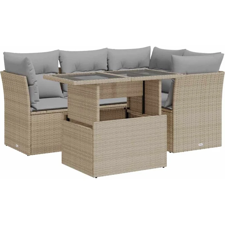 vidaXL 5-tlg. Garten-Sofagarnitur mit Kissen Beige Poly Rattan 3326150 – Bild 2