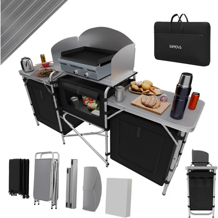 24Move Campingschrank Campingküche CAMPO Alu Outdoorküche (faltbar, inkl. Windschutz und Tragetasche) mit Arbeitsplatte und Staufächern – Bild 5