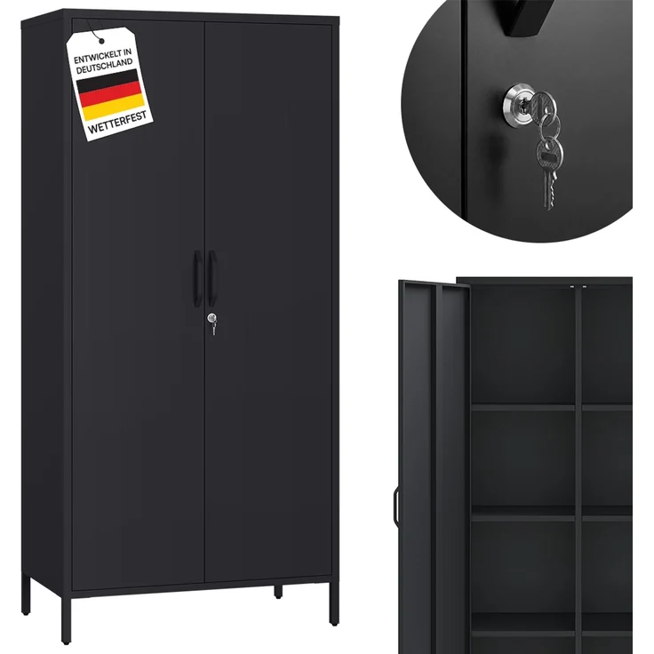 STEELSØN 'Menkent' Outdoor Metallschrank, Doppeltür mit Schloss, schwarz, 170x80x45 cm, mit 6 Einlegeböden, 8 höhenverstellbare Fächer – Bild 1