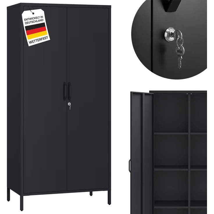 STEELSØN 'Menkent' Outdoor Metallschrank, Doppeltür mit Schloss, schwarz, 170x80x45 cm, mit 6 Einlegeböden, 8 höhenverstellbare Fächer