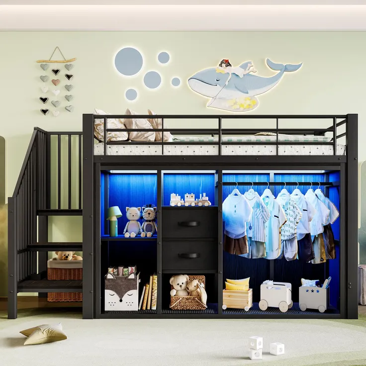 Hochbett mit Kleiderschrank, LED-Streifen, Lattenrost, Treppe und Rausfallschutz, 90x200cm, Kinderbett, Metallbett