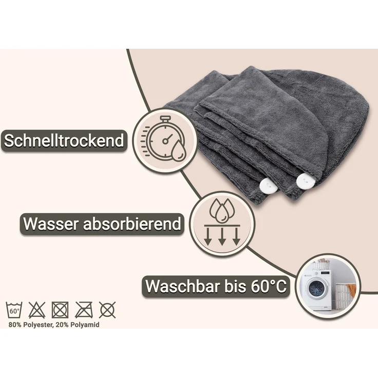 ZOLLNER 2er Set Haarturban / Kopfhandtuch, Mikrofaser, anthrazit, 65 cm lang – Bild 2