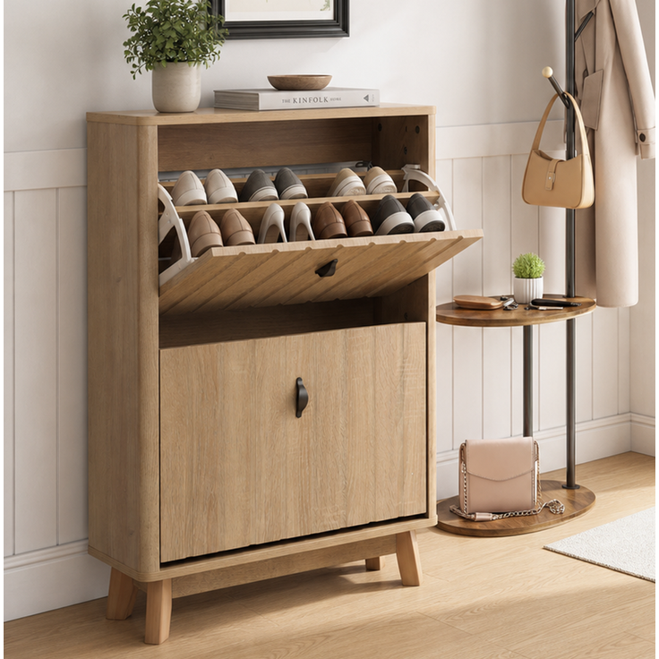 Abrihome Schuhregal mit Klappfächern, Eichenholz, 60x24x94 cm – Bild 8