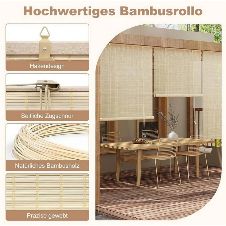 Rollo, Woltu, blickdicht, Mit Bohren, Bambusrollo Sonnenschutz Seitenzugrollo, für Fenster Tür Terrasse – Bild 3