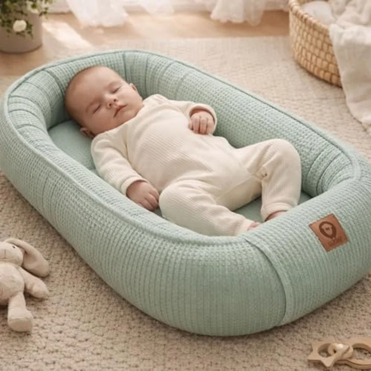 Babynestchen Neugeborene – Babynest aus Waffelpique Baumwolle – Nestchen Baby für Babybett & Kinderbett – Babykokon Tragbar – OEKO-TEX zertifiziert – Zubehör Babybett - Schmutzige Minze Waffelpique – Bild 2