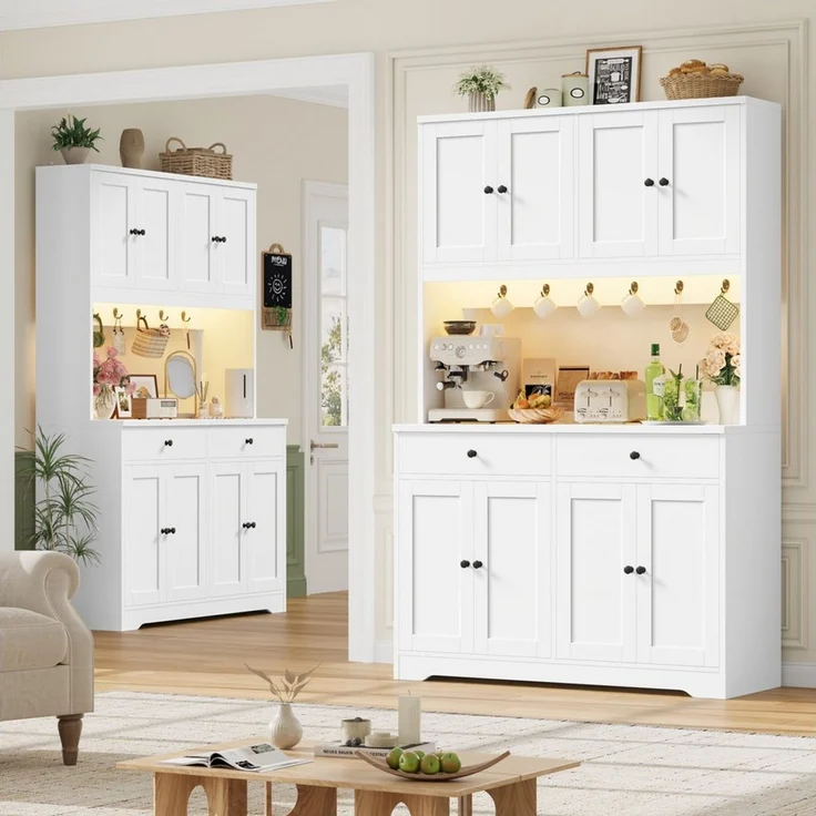 Homfa Küchenbuffet Küchenschrank Buffetschrank mit LED und Steckdosenleiste Sideboard mit Arbeitsplatte, 8 Türen und 2 Schubladen 178x106x38cm – Bild 2