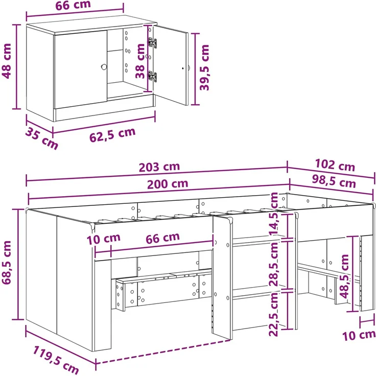 vidaXL Loft Bettgestell mit Schrank mit Tür 3 stk. Weiß Holzwerkstoff 3423374 – Bild 8