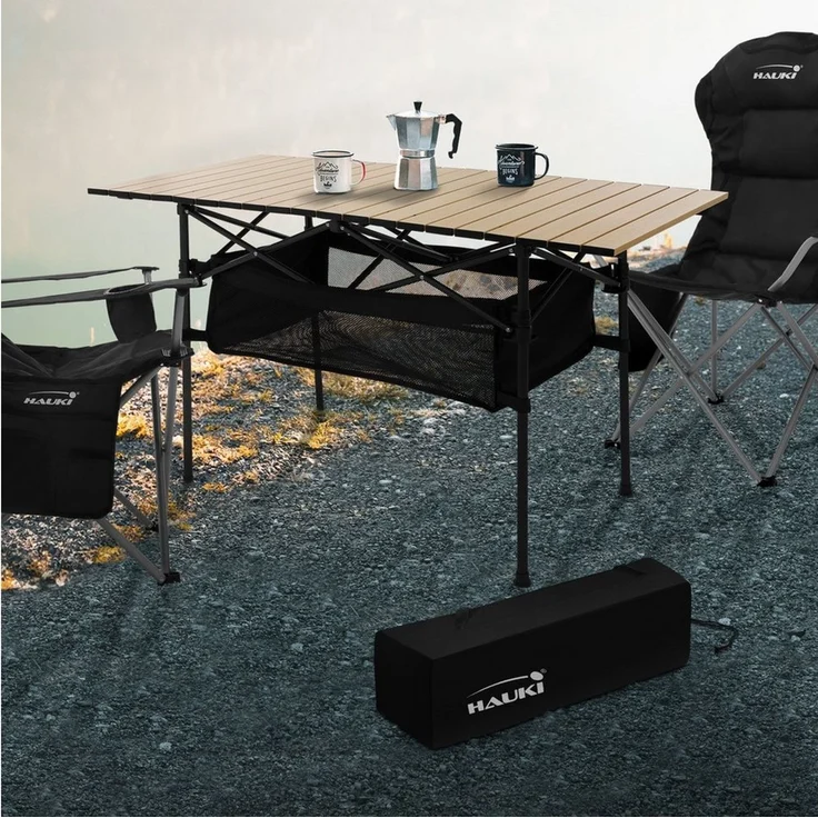 Hauki Campingtisch Klapptisch faltbar aus Aluminium inkl. Tragetasche, Gartentisch 118x55x64,5 cm Beige, Aufrollbare Tischplatte, Falttisch – Bild 2