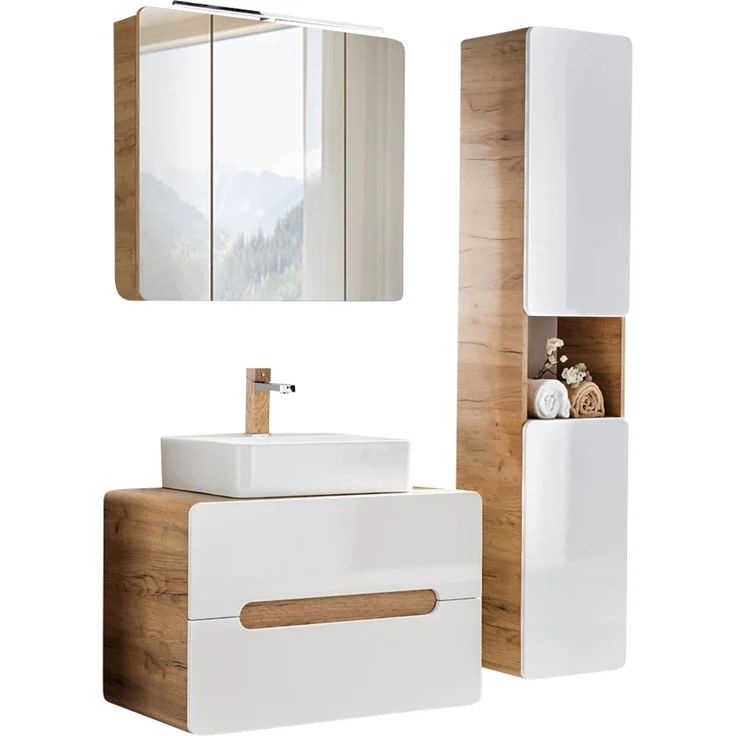 Badezimmer Set mit LED-Spiegelschrank LUTON-56 Hochglanz weiß mit Wotan Eiche Nb, B/H/T CA: 130/200/46 cm – Bild 9
