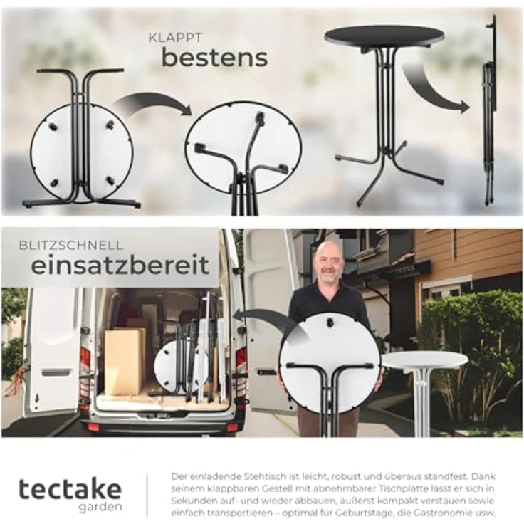tectake® Gastro 2er Set Stehtisch klappbar, Bistrotisch mit Husse, Tisch Ø80cm, Stehtisch mit MDF-Tischplatte, Gartentisch klappbar, Klapptisch, rund, Stahlgestell, stabil, robust - schwarz, 2er Set – Bild 8