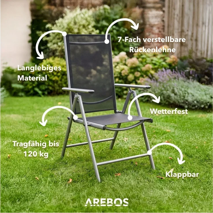 Arebos Klappstuhl Gartenstuhl 2er Set klappbar Hochlehner Alu verstellbar UV-fest (Set, 2 St), 7-fach verstellbar, Wetterfestes, bis 120 kg – Bild 3
