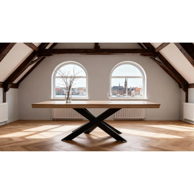 Massivart® Esstisch Wildeiche massiv geölt / 60 mm Platte / 180/200/220 / AHUS, Massivholztisch · Metallgestell · Schweizer Kante · Industrial-Look