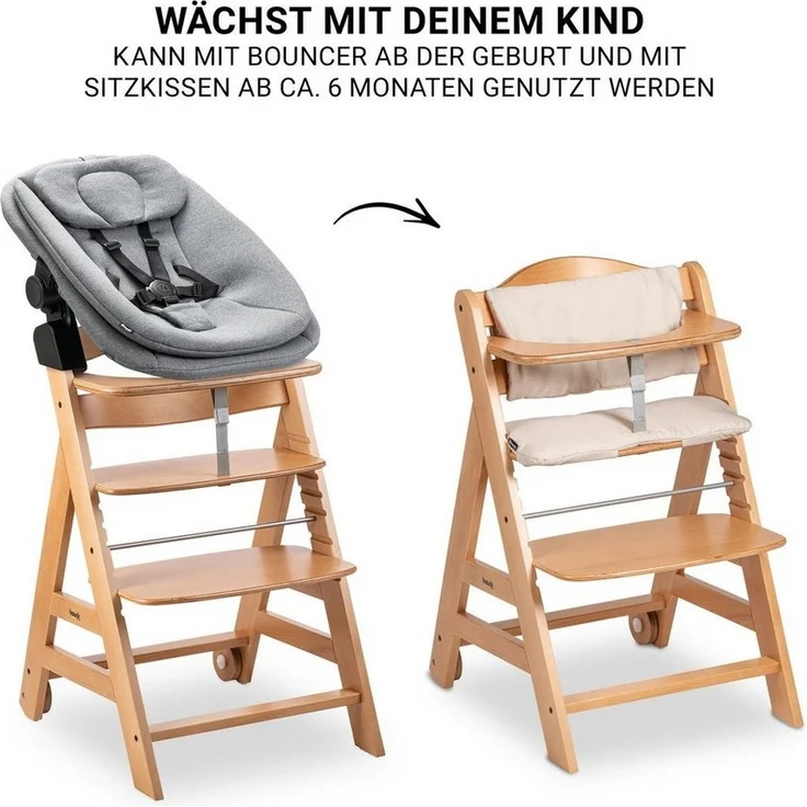 Hauck Hochstuhl Beta Plus Natural - Newborn Set 3in1 Bouncer (Set), Holz Babystuhl ab Geburt mit Neugeborenensufsatz, Sitzkissen, Essbrett – Bild 3